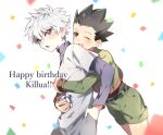  2boys :d box child commentary_request confetti cowboy_shot english_text gift gift_box gon_freecss hand_in_pocket happy_birthday highres holding holding_gift hug hug_from_behind hunter_x_hunter killua_zoldyck male_child male_focus multiple_boys one_eye_closed open_mouth saba_miso short_hair simple_background smile spiky_hair white_background white_hair 