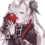  apple asymmetrical_sleeves biting black_gloves curly_hair eating fang fingerless_gloves flower food fruit gloves hair_flower hair_ornament highres holding holding_food holding_fruit isekai_joucho kamitsubaki_studio long_sleeves mismatched_sleeves multicolored_hair nemophila_(flower) open_mouth red_apple redhead ria_(rian_0210) sidelocks simple_background single_glove skin_fang streaked_hair white_background white_hair zipper 