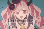  1girl asasuy copyright_name crown demon_horns hair_ornament horns long_hair looking_at_viewer master_detective_archives:_rain_code open_mouth pink_eyes pink_hair shinigami shinigami_(rain_code) smile solo twintails 