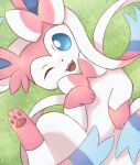  looking_at_viewer lying no_humans on_back on_grass one_eye_closed open_mouth pokemon pokemon_(creature) rumine_(yoshi1234567) solo sylveon 