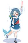  1girl animal_costume animal_hood blue_dress blue_hair blue_hoodie brown_eyes cosplay cube_hair_ornament dated dress fangs fins fish_tail fukae_(kancolle) full_body gawr_gura gawr_gura_(1st_costume) gawr_gura_(cosplay) glowstick gradient_hair hair_ornament holding_glowstick hololive hololive_english hood hooded_dress hoodie kantai_collection long_sleeves masara_(chuujou) multicolored_hair one-hour_drawing_challenge shark_costume shark_hood shark_tail shoes short_hair side_ponytail sidelocks smile sneakers solo standing tail twitter_username virtual_youtuber white_background white_footwear wide_sleeves 