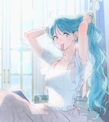  1girl adjusting_hair aqua_eyes aqua_hair blurry book depth_of_field door dress frilled_dress frills galpi hair_ribbon hands_in_hair highres little_lady_mint long_hair looking_afar mint_(little_lady_mint) mouth_hold red_ribbon ribbon ribbon_in_mouth solo upper_body white_dress 