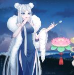  1girl absurdres artist_name blue_dress blue_eyes blurry blurry_background bracelet breasts bun_cover china_dress chinese_clothes chinese_knot cowboy_shot doll_joints double_bun dress feather_boa flower grey_hair hair_bun han_bingjing hands_up highres holding holding_lantern jewelry joints kumu_zaisheng lantern long_hair lotus medium_breasts night night_sky parted_bangs pink_lips sky solo tassel very_long_hair ye_luoli 
