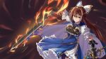  1girl belt black_gloves blue_cape blue_dress breasts brown_eyes brown_hair cape dress facial_mark fire frills gem gloves hair_between_eyes hair_ornament hair_ribbon highres hiyamastar holding holding_sword holding_weapon large_breasts long_hair looking_at_viewer maisha_laforge puffy_sleeves ribbon shadowverse smile solo swept_bangs sword thigh-highs weapon 