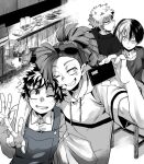  4boys bakugou_katsuki bird boku_no_hero_academia eyewear_on_head freckles greyscale hood hoodie male_focus midoriya_izuku monochrome multicolored_hair multiple_boys pino_(boku_no_hero_academia) ponytail rody_soul selfie shirt short_sleeves smile sunglasses t-shirt taking_picture todoroki_shouto v yzk92h 