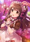  1girl absurdres apron balloon blurry blurry_background blush bow breasts brown_dress brown_eyes brown_hair dot_nose dress dress_bow frilled_apron frilled_dress frills hair_bow hair_ribbon hands_up highres idolmaster idolmaster_cinderella_girls idolmaster_cinderella_girls_starlight_stage interlocked_fingers lamppost long_hair looking_at_viewer medium_breasts one_side_up open_mouth own_hands_together pink_bow pink_ribbon puffy_short_sleeves puffy_sleeves ribbon sakura_ran scrunchie shimamura_uzuki short_sleeves smile solo two-tone_bowtie two-tone_ribbon upper_body white_apron white_headdress wrist_scrunchie 