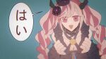  1girl asasuy blue_background crown demon_horns dress gloves highres horns looking_at_viewer master_detective_archives:_rain_code pink_eyes pink_hair shinigami shinigami_(rain_code) simple_background speech_bubble translation_request twintails 