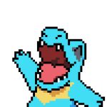  ^_^ animal_focus animated animated_gif arm_up closed_eyes commentary english_commentary fangs happy looping_animation lowres no_humans open_mouth outline pixel_art pokemon pokemon_(creature) simple_background smile solo tongue totodile transparent_background upper_body waving white_outline wisgarus 