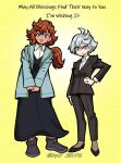  2girls :3 ahoge artist_name blue_eyes business_suit dated english_text full_body grey_eyes grey_hair gundam gundam_suisei_no_majo holding_hands ichinana_(dametetujin17) jewelry long_hair looking_at_viewer miorine_rembran multiple_girls ponytail redhead ring skirt smile spoilers suit suletta_mercury thick_eyebrows 