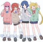  4girls ahoge black_footwear black_necktie black_skirt blonde_hair blue_bow blue_bowtie blue_hair blue_skirt blush bocchi_the_rock! bow bowtie cardigan cellphone closed_mouth collared_shirt cube_hair_ornament diagonal-striped_bowtie diagonal_stripes full_body gotoh_hitori green_eyes green_jacket grey_cardigan grey_skirt grey_vest hair_between_eyes hair_ornament hamafugu highres holding holding_phone hood hooded_jacket ijichi_nijika jacket kita_ikuyo long_hair long_sleeves multiple_girls necktie one_side_up open_mouth phone pink_hair pink_jacket pleated_skirt polka_dot polka_dot_bow purple_bow purple_bowtie red_bow red_bowtie redhead shirt shoes short_hair simple_background skirt smile socks striped track_jacket v vest white_background white_shirt white_socks yamada_ryo 