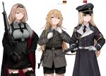  3girls assault_rifle black_dress black_footwear black_headwear black_jacket black_necktie black_skirt black_thighhighs blonde_hair blue_eyes breasts brown_necktie character_request dress east_german east_german_flag girls_frontline gloves green_eyes green_jacket griffin_&amp;_kryuger gun hat highres jacket looking_to_the_side military_hat military_uniform multiple_girls nazi nazi_war_ensign necktie rampart1028 rifle shirt skirt smile stg-940_(girls&#039;_frontline) stg44 stg44_(girls&#039;_frontline) thigh-highs uniform weapon weapon_request white_background white_gloves white_shirt wieger_stg-940 