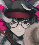  1boy absurdres animal_ears animal_hat black_hair black_headwear bone_oyasumi closed_mouth fake_animal_ears fur_trim glasses hat highres looking_at_viewer male_focus master_detective_archives:_rain_code pink_background portrait red-framed_eyewear red_eyes round_eyewear short_hair simple_background solo tail zilch_alexander 