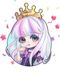  1girl bai_guangying_(ye_luoli) black_dress chibi crown doll_joints dress finger_to_mouth flower frilled_dress frills grey_eyes grey_hair hand_up happy_birthday heart highres joints kumu_zaisheng multicolored_hair pink_hair smile solo streaked_hair upper_body ye_luoli 
