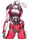  1girl arcee blue_eyes breasts english_text hand_on_own_hip humanoid_robot looking_at_viewer mecha mecha_musume medium_breasts panties red_panties robot science_fiction simple_background solo speech_bubble transformers transformers:_rise_of_the_beasts transformers_(live_action) underwear white_background zicaneborgen 