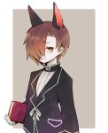  1boy animal_ears black_jacket book brown_hair closed_mouth commentary_request dog_ears frown gloves hair_over_one_eye harvest_fes holding holding_book jacket librarian_(library_of_ruina) library_of_ruina long_sleeves male_focus pale_skin project_moon sanpaku shirt short_hair solo upper_body white_gloves white_shirt yellow_eyes 