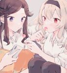  2girls black_hairband black_thighhighs blonde_hair blush brown_hair candy cellphone closed_mouth collared_shirt commentary elbow_rest food food_in_mouth grey_background hair_between_eyes hair_ornament hair_ribbon hairband hands_up highres holding holding_candy holding_food holding_lollipop holding_phone knees_up lollipop long_hair looking_at_another looking_at_food multiple_girls parted_bangs phone pillow purple_ribbon red_eyes ribbon saijou_claudine sharing_food shirt shoujo_kageki_revue_starlight sidelocks simple_background sitting sleeves_past_elbows sleeves_pushed_up smartphone symbol-only_commentary tendou_maya thigh-highs upper_body violet_eyes wato_(ko) white_shirt x_hair_ornament 