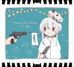  1girl aqua_background ashi_izumo birthday_cake black_cat border cake candle cat english_text flag_pistol food food_on_head grey_border grimace gun hand_up handgun happy_birthday highres holding holding_gun holding_knife holding_weapon izumo_(ashi_izumo) kitchen_knife knife looking_to_the_side multicolored_hair object_on_head original out_of_frame pointing_gun red_eyes redhead short_hair sidelocks sideways_glance simple_background solo_focus string_of_flags two-tone_hair upper_body weapon white_hair zipper 