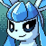  ^_^ animal_focus animated animated_gif blue_background blue_hair blue_sclera blue_theme closed_eyes closed_mouth colored_sclera commentary commission english_commentary glaceon gradient_background happy looping_animation lowres no_humans open_mouth pixel_art pokemon pokemon_(creature) portrait sidelocks sideways_mouth simple_background smile solo white_eyes wisgarus 