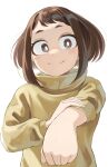  1girl boku_no_hero_academia brown_eyes brown_hair closed_mouth fengling_(furin-jp) highres looking_at_viewer outstretched_arm short_hair simple_background smile solo sweater turtleneck turtleneck_sweater uraraka_ochako white_background yellow_sweater 