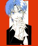  1boy alternate_eye_color alternate_hair_color bandaged_head bandages black_suit blue_eyes blue_hair chrollo_lucilfer earrings formal hunter_x_hunter jewelry long_sleeves looking_at_viewer male_focus naemonaemo0523 necktie red_background shirt short_hair solo suit two-tone_background upper_body white_background white_shirt 