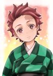  1boy bright_pupils checkered_clothes checkered_haori closed_mouth gradient_background haori highres japanese_clothes kamado_tanjirou kimetsu_no_yaiba kimono looking_at_viewer myukom red_eyes redhead scar scar_on_face scar_on_forehead short_hair solo upper_body white_pupils 