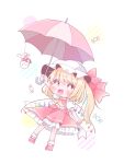  1girl back_bow blonde_hair bobby_socks bow flandre_scarlet frilled_skirt frills full_body hair_between_eyes hat highres kokochi long_hair looking_at_object mary_janes mob_cap multicolored_umbrella multicolored_wings one_side_up open_mouth puffy_short_sleeves puffy_sleeves red_footwear red_skirt red_umbrella red_vest shirt shoes short_sleeves simple_background skirt skirt_set socks solo teeth teruterubouzu touhou umbrella upper_teeth_only vest white_background white_bow white_headwear white_shirt white_socks white_umbrella wings 