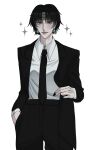  1boy absurdres bandaged_head bandages black_eyes black_hair black_nails black_suit chrollo_lucilfer cowboy_shot earrings formal hand_in_pocket highres hunter_x_hunter jewelry lisanamii long_sleeves looking_at_viewer male_focus necktie open_clothes shirt short_hair simple_background solo sparkle suit white_shirt 