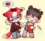  2boys animal_ears black_hair black_jacket chibi closed_eyes clothes_grab commentary_request cup disposable_cup eoduun_badaui_deungbul-i_doeeo food fox_boy fox_ears fox_tail full_body jacket kemonomimi_mode kim_jaehee korean_commentary korean_text long_sleeves male_focus multiple_boys open_mouth pants park_moo-hyun popcorn redhead short_hair simple_background sleeve_grab smile squiggle standing sweat tail thought_bubble translation_request turn_pale us_npius yellow_background 