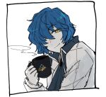  1boy ascot blue_ascot blue_hair blue_shirt chesed_(project_moon) closed_mouth coat collared_shirt cup holding holding_cup library_of_ruina looking_at_viewer male_focus medium_hair mug project_moon shirt sidelocks smile solo upper_body white_coat yellow_eyes yono_neie 
