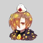 1boy animal_on_head bandaged_neck bandages bird bird_on_head black_jacket black_shirt brown_hair closed_mouth collared_shirt commentary_request e.g.o_(project_moon) employee_(lobotomy_corporation) fur-trimmed_jacket fur_trim grey_background hair_over_one_eye harvest_fes jacket lobotomy_corporation on_head open_clothes open_jacket project_moon punishing_bird red_sweater shirt short_hair simple_background sweater white_bird 