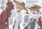  1boy 1other black_gloves blonde_hair clock cowboy_shot dante_(limbus_company) devy_lobotomy gloves hat headpat highres instrument korean_text limbus_company maracas necktie project_moon red_necktie red_suit short_hair sinclair_(limbus_company) suit translation_request 