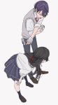  1girl bandaged_hand bandages black_hair black_pants black_socks blue_skirt braid brown_footwear collared_shirt commentary_request french_braid full_body grey_vest hair_between_eyes hair_ribbon hands_on_own_knees highres kamatama_rom kenmochi_touya loafers long_hair necktie nijisanji pants plaid plaid_skirt pleated_skirt purple_hair red_necktie red_ribbon ribbon school_uniform shirt shoes short_hair simple_background skirt sleeves_rolled_up socks standing stretching tsukino_mito vest virtual_youtuber white_background white_shirt 