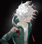  1boy binxngchng1 closed_mouth collarbone danganronpa_(series) danganronpa_2:_goodbye_despair expressionless green_jacket grey_eyes grey_hair highres hood hood_down hooded_jacket jacket komaeda_nagito long_sleeves male_focus messy_hair print_shirt shirt solo upper_body white_shirt 