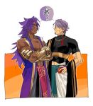  2boys bare_pectorals bhima_(fate) black_shirt cowboy_shot cropped_shirt crossed_arms dark-skinned_male dark_skin duryodhana_(fate) earrings facial_hair fate/grand_order fate_(series) gauntlets goatee goatee_stubble hand_on_own_hip indian_clothes jewelry long_hair looking_at_another male_focus mature_male multiple_boys muscular muscular_male necklace orange_background pectorals profile punappu purple_hair purple_vest sash shirt short_hair shoulder_sash single_earring speech_bubble translation_request two-tone_background vest violet_eyes white_background 