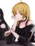  2girls ahoge bare_shoulders black_choker black_dress black_hair black_shirt blonde_hair blurry blurry_background bocchi_the_rock! choker closed_mouth clothing_cutout collarbone commentary crow_(krouw) depth_of_field detached_ahoge dress english_commentary head_rest highres ijichi_seika long_hair long_sleeves looking_at_viewer multiple_girls pa-san parted_bangs red_eyes red_tank_top shirt shoulder_cutout tank_top 
