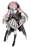  1girl absurdres bat_wings black_footwear blush boots choker collarbone dress full_body hair_between_eyes highres lolita_fashion long_hair looking_at_viewer open_mouth original panties pink_eyes pink_hair simple_background sweat tekito_midori twintails underwear vampire wings 