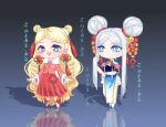  2girls :d absurdres artist_name blonde_hair blue_background blue_dress blue_eyes blue_footwear braid braided_bangs bright_pupils chibi china_dress chinese_clothes chinese_knot curly_hair doll_joints double_bun dress firecrackers full_body fur-trimmed_jacket fur_trim grey_hair hair_bun han_bingjing highres hua_ling_(ye_luoli) jacket joints kumu_zaisheng long_dress long_hair long_skirt multiple_girls red_footwear red_jacket red_skirt reflective_floor skirt smile standing thigh-highs very_long_hair white_pupils white_thighhighs ye_luoli 