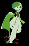  1girl black_background bob_cut colored_skin commentary flat_chest flower full_body gardevoir green_hair green_skin hair_over_one_eye hand_up highres looking_to_the_side multicolored_skin one_eye_covered open_mouth pokemon pokemon_(creature) red_eyes red_flower short_hair simple_background solo standing two-tone_skin white_skin zen_(koko) 