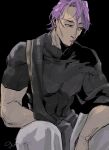  1boy black_background black_shirt duryodhana_(fate) facial_hair fate/grand_order fate_(series) goatee goatee_stubble gun_xxx3 looking_to_the_side male_focus mature_male muscular muscular_male purple_hair sash shirt short_hair shoulder_sash signature simple_background sitting solo violet_eyes 