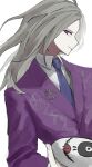  1boy blue_necktie closed_mouth collared_shirt commentary_request floral_print grey_hair holding holding_mask jacket long_hair long_sleeves looking_at_viewer makoto_kagutsuchi male_focus mask mask_removed master_detective_archives:_rain_code necktie oji-sama_(ochi4t) purple_jacket purple_necktie shirt simple_background solo spoilers upper_body violet_eyes white_background white_shirt 
