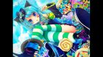  animal_ears aqua_eyes aqua_hair artist_request blue_eyes blue_hair blue_sky bow candy cat_ears character_request commentary_request copyright_request detached_sleeves dress food hat holding holding_candy holding_food lollipop non-web_source sky socks source_request striped striped_socks 
