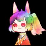  1girl :3 ahoge animal_ears black_background blonde_hair closed_mouth commentary_request dog_ears green_hair harvest_fes jacket librarian_(library_of_ruina) library_of_ruina long_hair multicolored_clothes multicolored_jacket no_nose ponytail project_moon purple_hair rainbow red_eyes redhead shirt simple_background solo white_shirt 