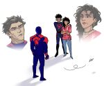  1girl 2boys black_eyes black_hair brown_hair crossed_arms dark-skinned_female dark_skin earrings gugusam0 hands_on_shoulders hiding hiding_behind_another jewelry korean_commentary leaf long_hair marvel mexican_standoff miguel_o&#039;hara miles_morales mother_and_son multiple_boys necklace red_eyes rio_morales serious shadow spider-man:_across_the_spider-verse spider-man_(2099) spider-man_(miles_morales) spider-man_(series) standing sweatdrop white_background 