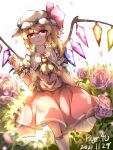  1girl absurdres artist_name ascot backlighting blonde_hair breasts closed_mouth crystal dated feet_out_of_frame flandre_scarlet flower frilled_shirt_collar frills hat highres kneehighs leaf looking_at_viewer medium_hair mob_cap multicolored_wings pink_flower puffy_short_sleeves puffy_sleeves pzgr.40 red_eyes red_skirt red_vest shirt short_sleeves skirt small_breasts socks solo touhou vest white_headwear white_shirt white_socks wings wrist_cuffs yellow_ascot 
