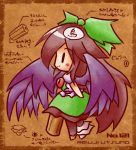  asymmetrical_clothes bow brown_hair chibi hair_bow long_hair mismatched_footwear profile reiuji_utsuho smile tilde_(ice_cube) too_literal touhou translation_request very_long_hair weapon wings 