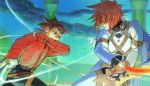  aqua_background battle blue_eyes brown_eyes brown_hair kratos_aurion lloyd_irving male multiple_boys red_eyes red_hair redhead shimabara sword tales_of_(series) tales_of_symphonia weapon 