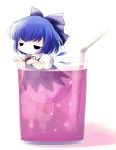  blue_hair bubble chibi cirno cup drink highres in_container in_cup minigirl short_hair smug straw touhou wings yume_shokunin 