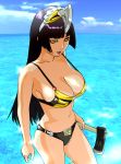  bikini black_hair breasts cleavage female genderswap headdress kamen_rider kamen_rider_den-o kamen_rider_den-o_(series) kintaros large_breasts lips lipstick long_hair navel ocean rider-tan sky solo swimsuit ueyama_michirou water weapon yellow_eyes 