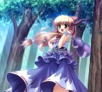  blonde_hair bow chain fang forest gourd hair_bow hand_on_hip holding horns ibuki_suika long_hair nature open_mouth smile solo sunbeam sunlight takeponi touhou wrist_cuffs yellow_eyes 