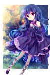  bad_id bare_shoulders blue_hair costume detached_sleeves earrings fishnet_pantyhose fishnets highres jewelry lolita_fashion long_hair misdreavus nail_polish necklace pantyhose personification pokemon purple_eyes sleeves_past_wrists very_long_hair violet_eyes 